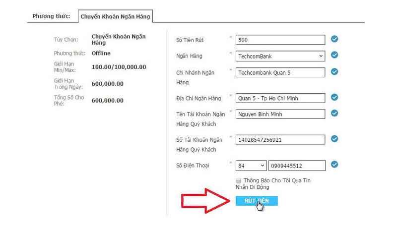 Kiểm tra kỹ thông tin trước khi nhấn lệnh Rút tiền Bsport
